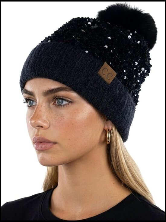 Sequin Pom Beanie – Soft Knit Faux Fur Pom Glitter Sparkly Winter Hat for Women main image 5